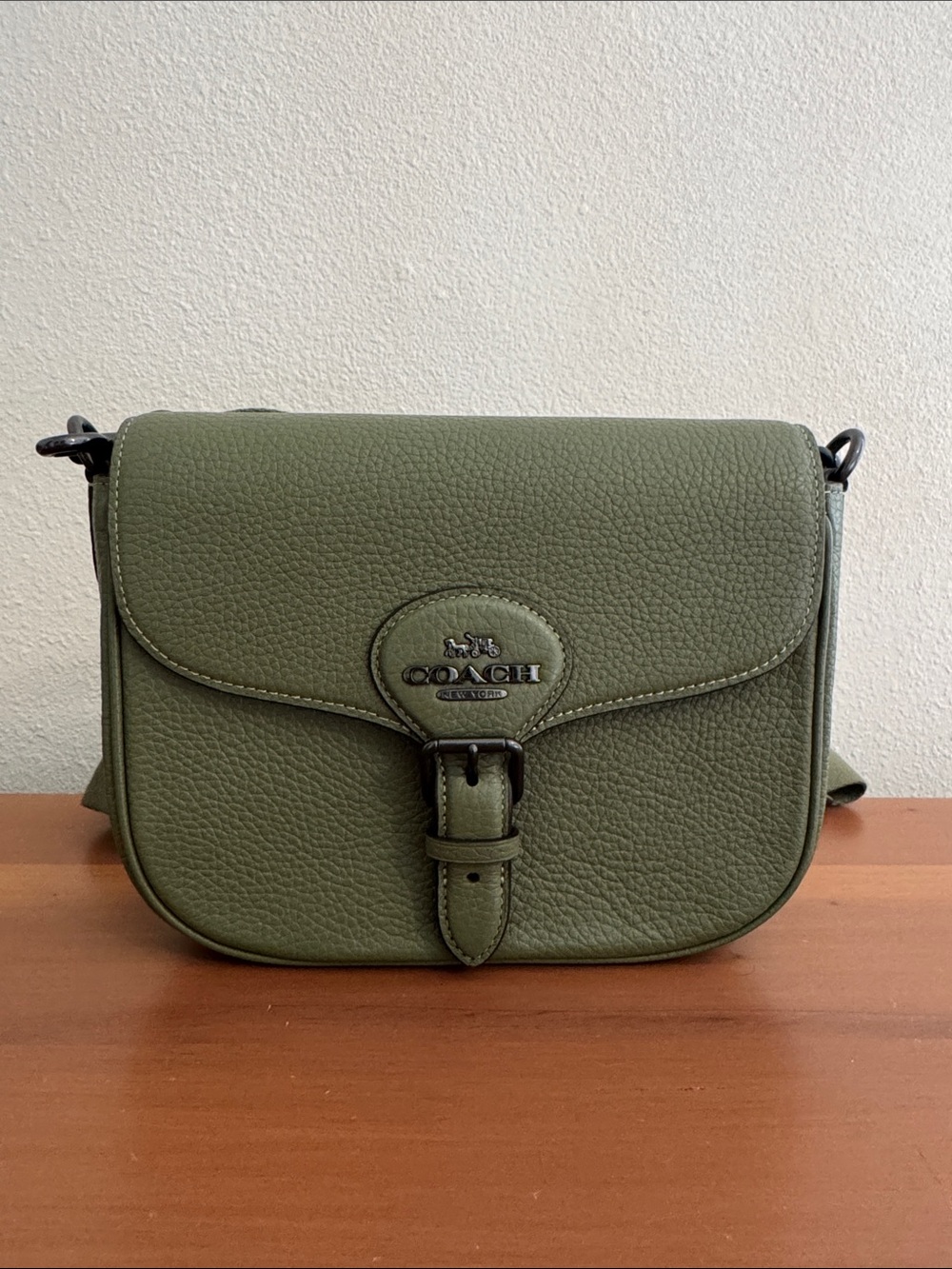 Coach Olive Green Pebbled Leather Flap Crossbody with Buckle